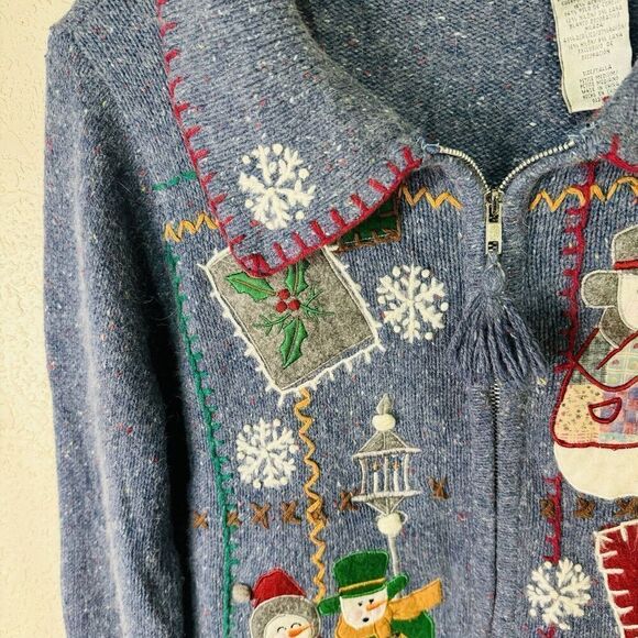 Victoria Jones Petite Christmas Sweater Women's Size PM Full Zip Snowmen Blue - Picture 4 of 13